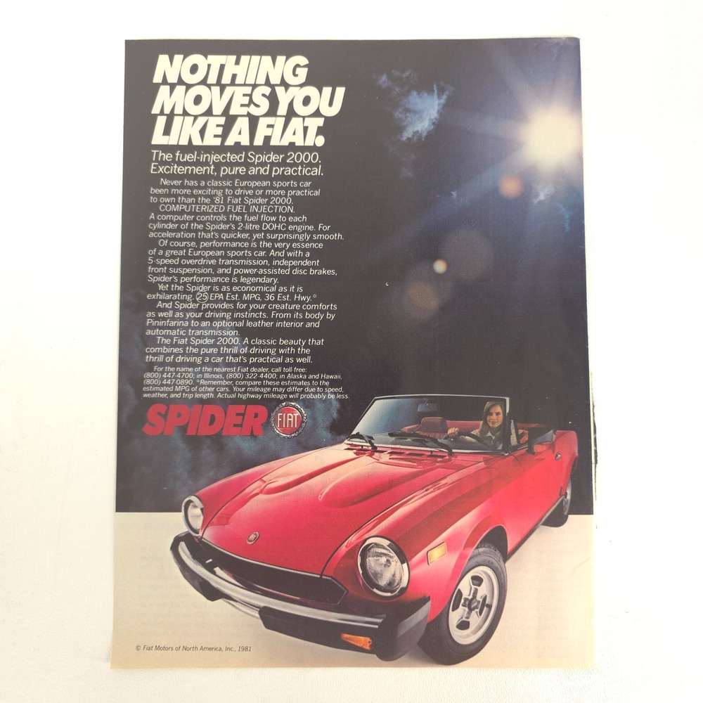 Fiat Spider 2000 Print Ad 1981 Convertible Pininfarina Vintage Garage Wall Decor